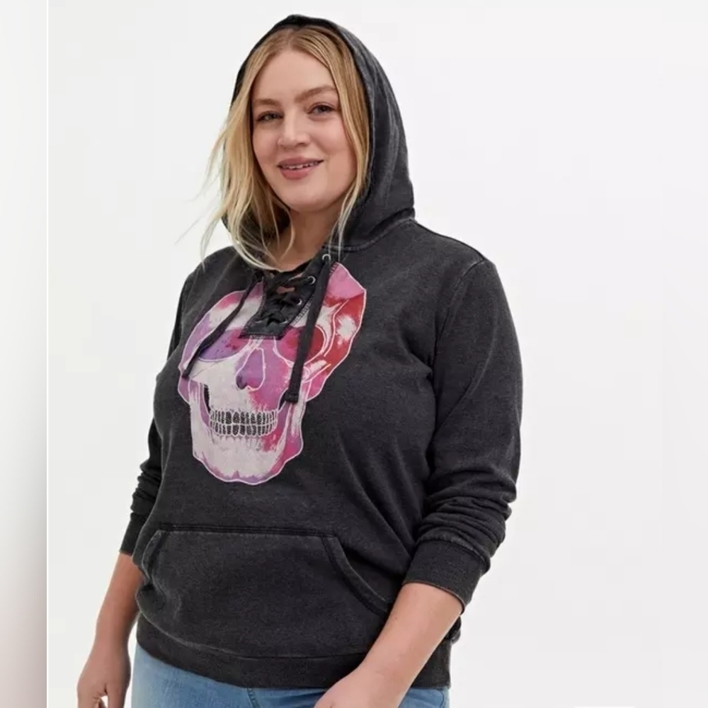 Torrid Skull Black Mineral Wash Lace-Up Fleece Hoodie Size 0X